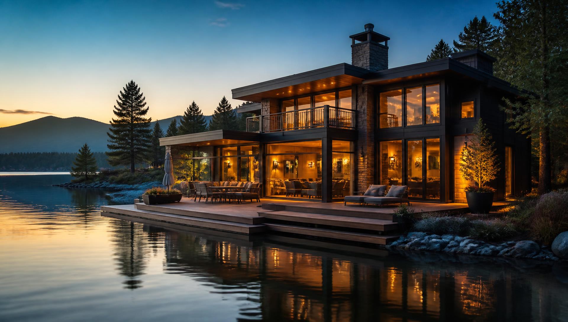 Modern lakeside second home lit at golden hour